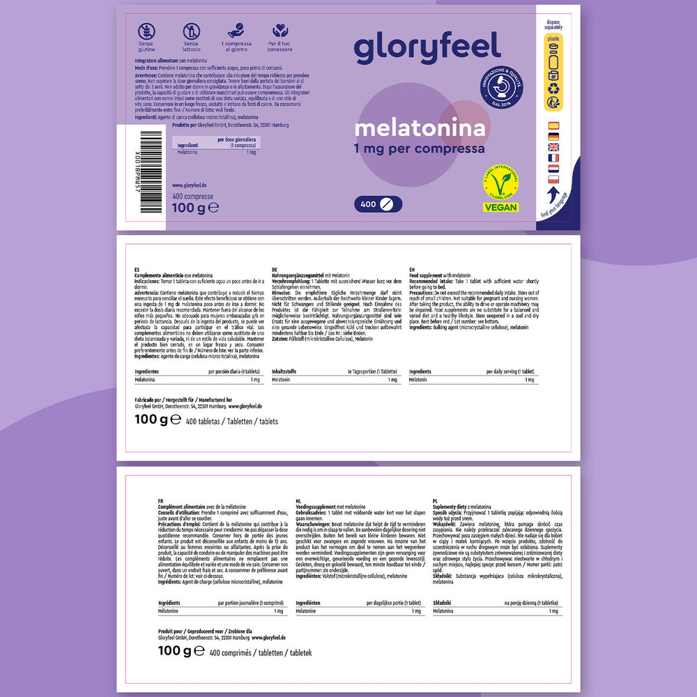 El envase de Melatonina 400 Tabletas (1 mg) de GloryFeel GmbH España destaca su uso para el alivio del insomnio y el jet lag, incluye certificaciones veganas y de otro tipo, con instrucciones e ingredientes proporcionados en la parte posterior.