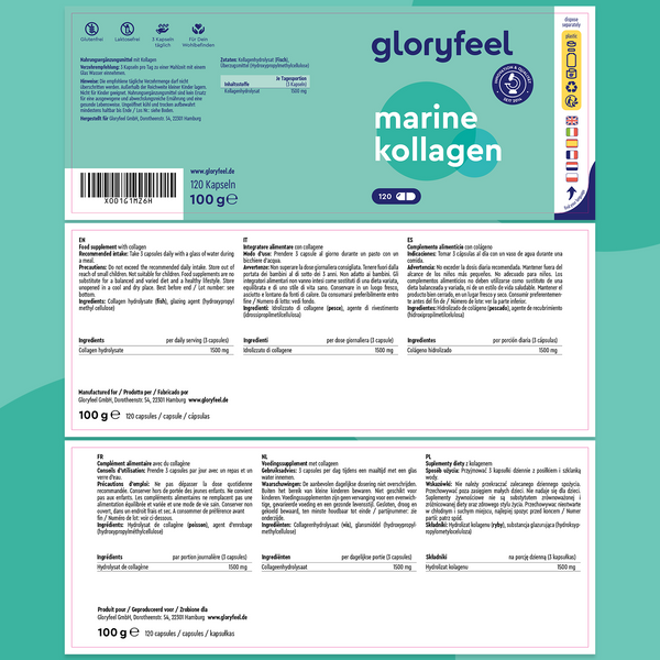 La etiqueta del suplemento GloryFeel Colageno Marino Hidrolizado muestra de forma detallada los detalles de los ingredientes, la información nutricional y el diseño del empaque tanto en inglés como en alemán, enfatizando la potencia de los péptidos de colágeno de fuentes premium.
