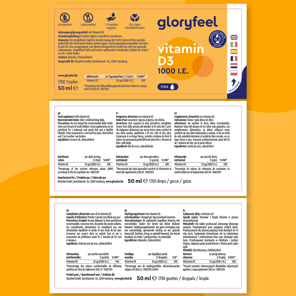 La Vitamina D3 en gotas - 1000 U.I. de Gloryfeel GmbH cuenta con una etiqueta amarilla y blanca con detalles multilingües sobre la dosis, los ingredientes y el fabricante para apoyar la salud ósea y mejorar su sistema inmunológico.