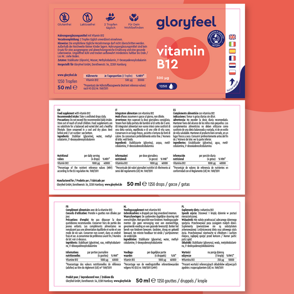 El envase de Vitamina B12 en Gotas de GloryFeel GmbH incluye información detallada en varios idiomas sobre el contenido, la dosis y las certificaciones. Ideal para veganos y vegetarianos, la información se presenta sobre un fondo rojo vibrante.