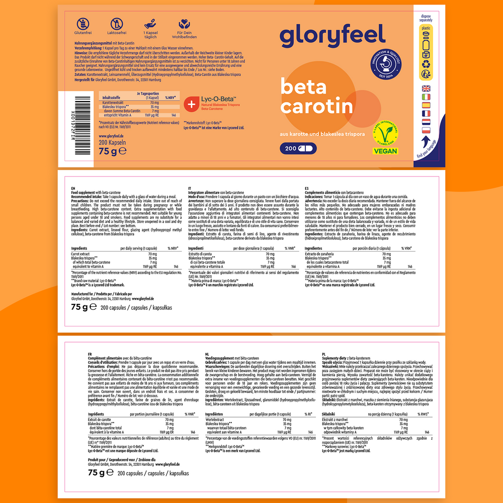 El envase naranja y blanco de Beta-Caroteno 200 cápsulas de Gloryfeel GmbH destaca los ingredientes, la información nutricional y una etiqueta vegana. Incluye 90 cápsulas ricas en carotenoides como el betacaroteno, una potente fuente de vitamina A.