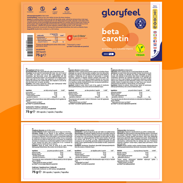 El envase naranja y blanco de Beta-Caroteno 200 cápsulas de Gloryfeel GmbH destaca los ingredientes, la información nutricional y una etiqueta vegana. Incluye 90 cápsulas ricas en carotenoides como el betacaroteno, una potente fuente de vitamina A.
