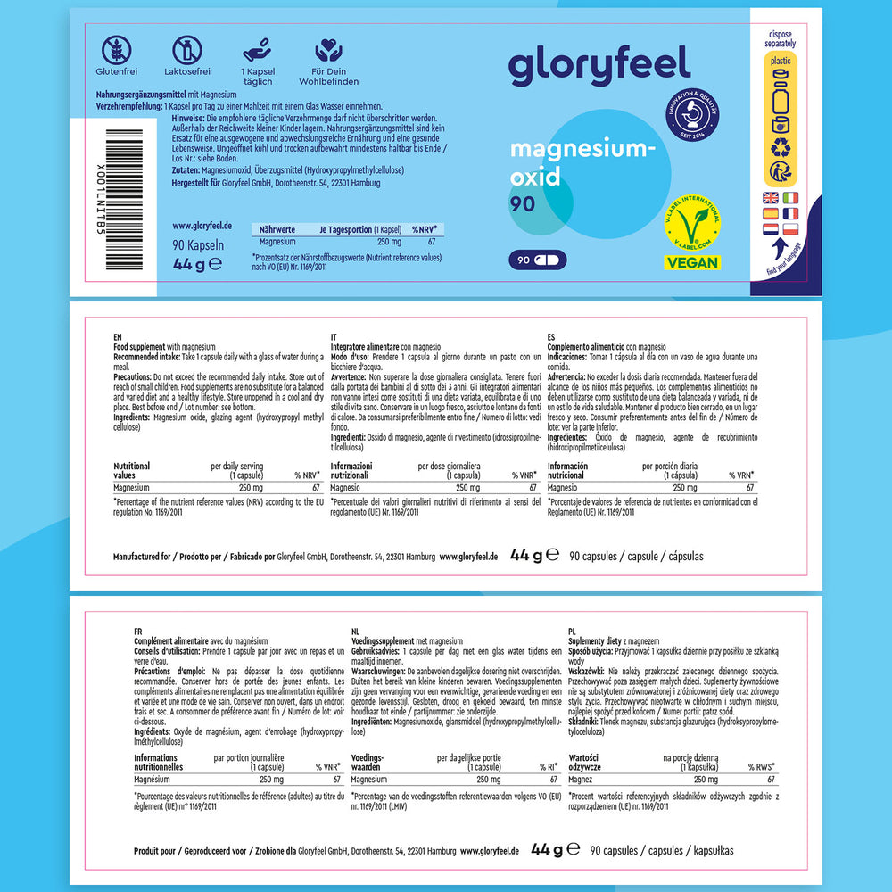 Etiqueta del producto &quot;Magnesio 90 Cápsulas Veganas&quot; de Gloryfeel GmbH. Contiene información nutricional, instrucciones de uso, certificaciones y datos de contacto sobre fondo azul y blanco.