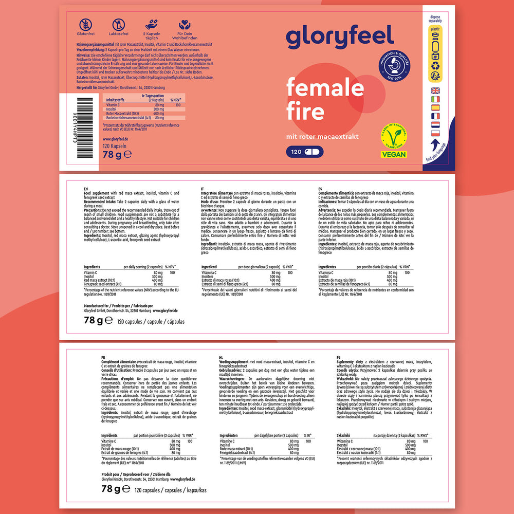 El packaging de “Female Fire: con Maca Roja” de GloryFeel GmbH España especifica cápsulas veganas con extracto de maca, extracto de frambuesa y L-arginina, e incluye información nutricional y certificaciones.