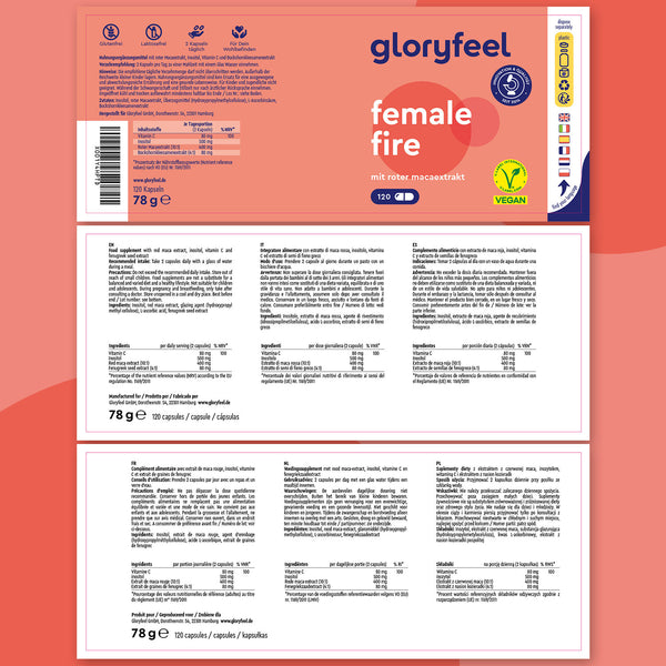 El packaging de “Female Fire: con Maca Roja” de GloryFeel GmbH España especifica cápsulas veganas con extracto de maca, extracto de frambuesa y L-arginina, e incluye información nutricional y certificaciones.