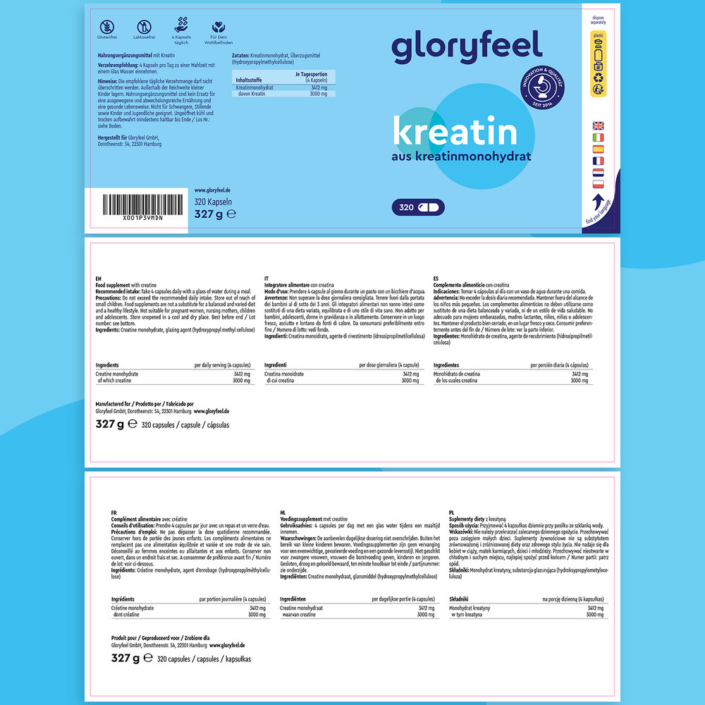 El envase del monohidrato de creatina &quot;gloryfeel GmbH&quot; presenta un diseño azul y blanco que enfatiza el rendimiento físico óptimo. Incluye 327 g de creatina pura en 300 cápsulas con información detallada sobre los ingredientes en varios idiomas, destacando su función como suplemento deportivo.