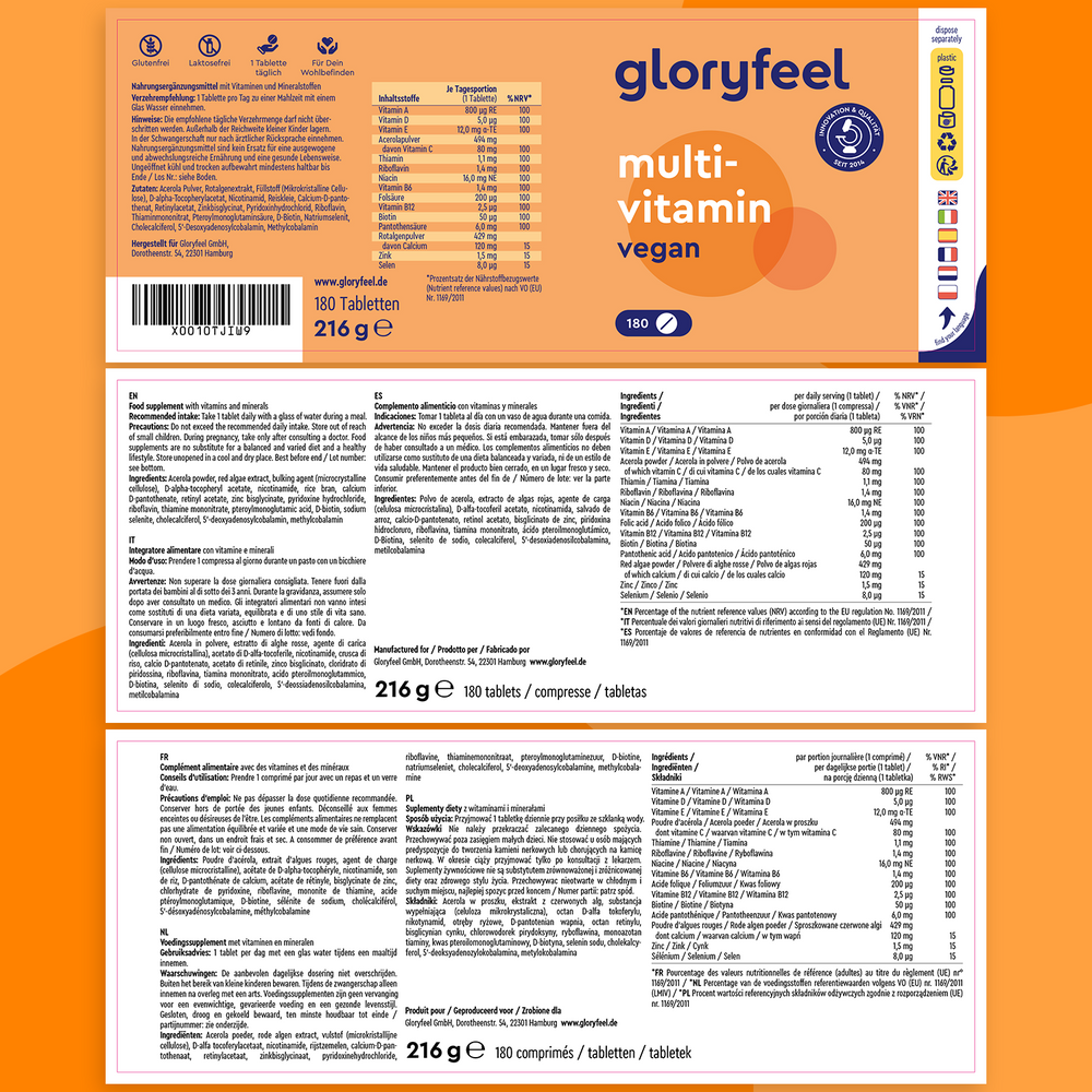 El envase &quot;Multivitaminas veganas en tabletas&quot; de GloryFeel GmbH España muestra la información nutricional y los detalles del producto en varios idiomas. Incluye 180 tabletas con un peso total de 216 g, que contienen multivitamínicos naturales.