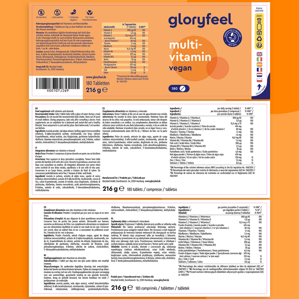 El envase &quot;Multivitaminas veganas en tabletas&quot; de GloryFeel GmbH España muestra la información nutricional y los detalles del producto en varios idiomas. Incluye 180 tabletas con un peso total de 216 g, que contienen multivitamínicos naturales.