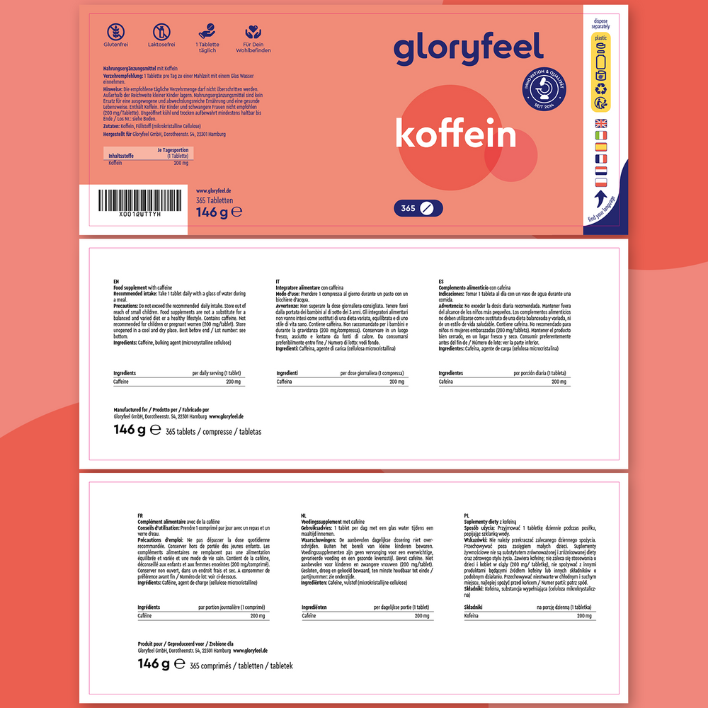Las pastillas &quot;Cafeína - 365 Tabletas&quot; de gloryfeel GmbH tienen una etiqueta roja que destaca las &quot;pastillas de cafeína&quot; con 200 mg cada una. Incluyen información nutricional e instrucciones en varios idiomas, lo que ayuda a cubrir tus necesidades energéticas diarias.
