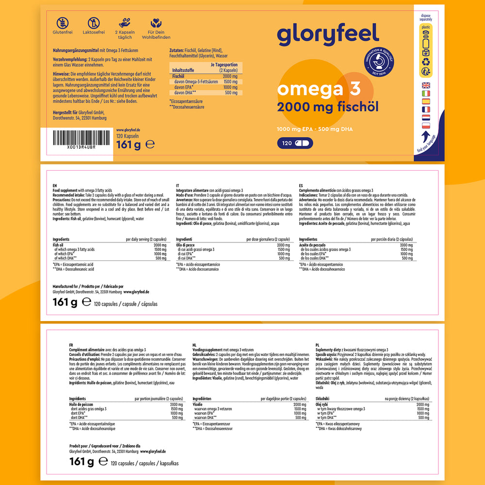 Las cápsulas Omega 3 de Gloryfeel GmbH ofrecen información nutricional e ingredientes en varios idiomas, incluyendo aceite de pescado. Incluyen 120 cápsulas con un peso total de 161 gramos, diseñadas para una salud óptima mediante el control eficaz de los triglicéridos.