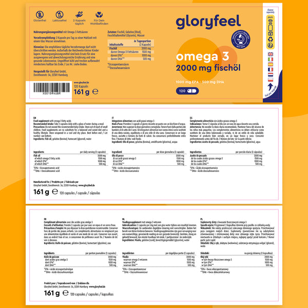 Las cápsulas Omega 3 de Gloryfeel GmbH ofrecen información nutricional e ingredientes en varios idiomas, incluyendo aceite de pescado. Incluyen 120 cápsulas con un peso total de 161 gramos, diseñadas para una salud óptima mediante el control eficaz de los triglicéridos.