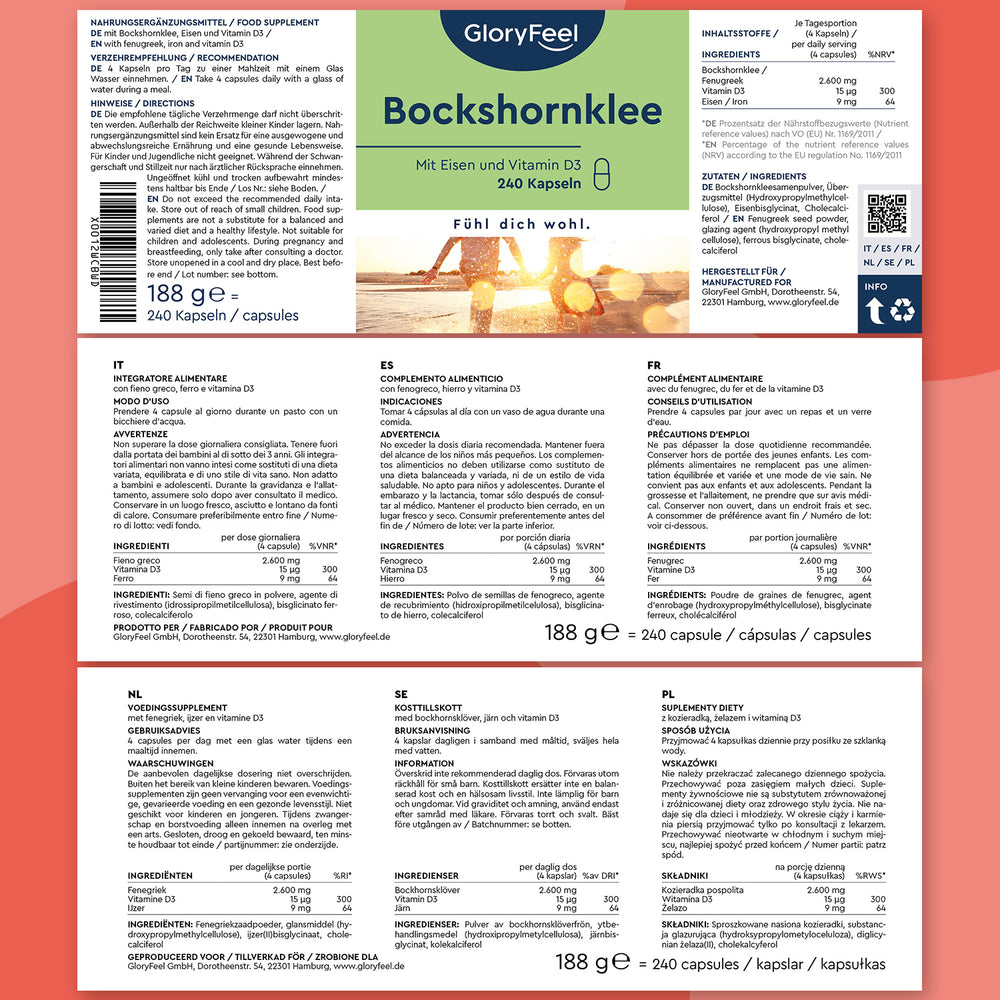 La etiqueta del suplemento Gloryfeel GmbH Fenogreco 2.600 mg muestra los ingredientes, la información nutricional, las instrucciones de uso y los detalles del producto con referencias a los fitoestrógenos en varios idiomas sobre un fondo rojo.