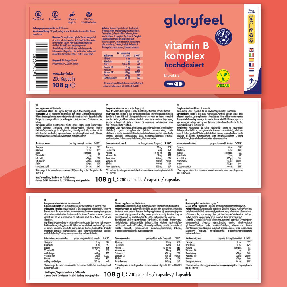 El &quot;Complejo de Vitamina B Forte&quot; de GloryFeel GmbH España incluye información nutricional detallada y etiquetado vegano. Enriquecido con vitaminas B, favorece la salud metabólica. Contiene 200 cápsulas y un peso total de 108 g.