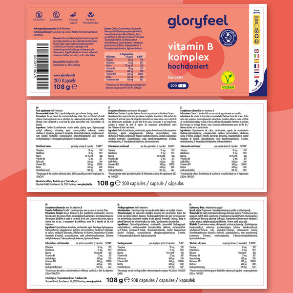 El &quot;Complejo de Vitamina B Forte&quot; de GloryFeel GmbH España incluye información nutricional detallada y etiquetado vegano. Enriquecido con vitaminas B, favorece la salud metabólica. Contiene 200 cápsulas y un peso total de 108 g.