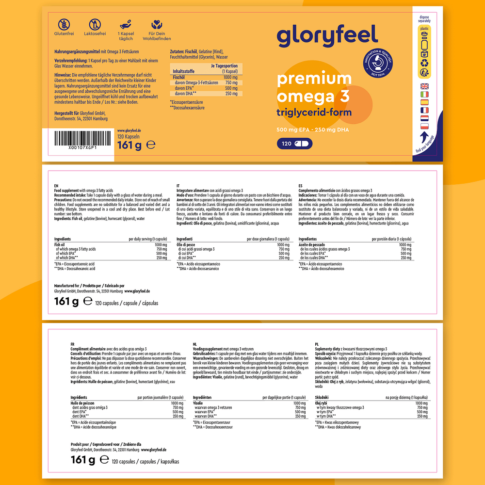 El envase de Omega 3 en forma de triglicéridos de GloryFeel GmbH España, con 120 cápsulas, muestra la información nutricional y la dosis sobre un fondo naranja y blanco. Destaca su alto contenido en EPA y DHA y ofrece información en varios idiomas.