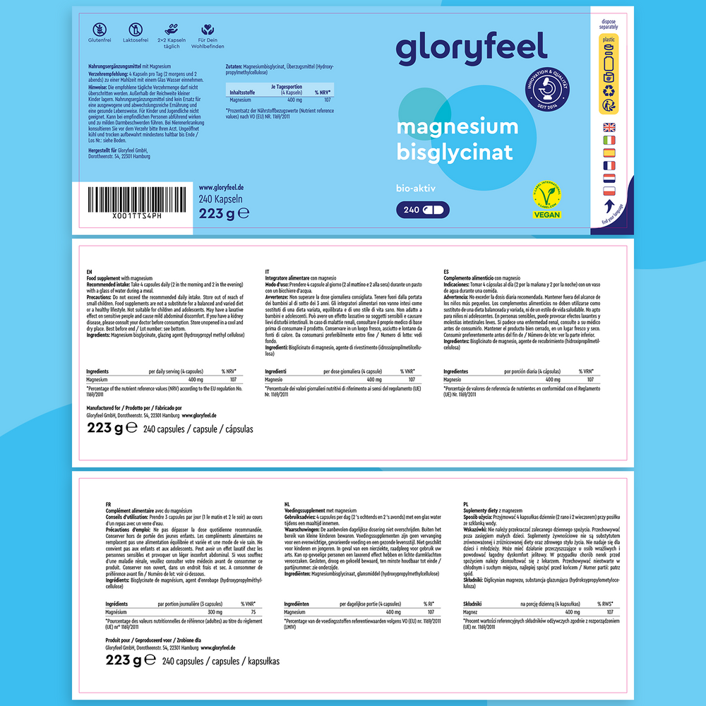 Etiqueta para cápsulas de bisglicinato de magnesio, 240 unidades, de GloryFeel GmbH España. El envase destaca por su alta biodisponibilidad y su aporte nutricional para el funcionamiento normal del sistema nervioso, con certificaciones que garantizan su compatibilidad con productos veganos.