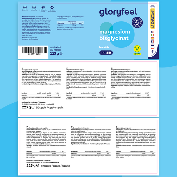Etiqueta para cápsulas de bisglicinato de magnesio, 240 unidades, de GloryFeel GmbH España. El envase destaca por su alta biodisponibilidad y su aporte nutricional para el funcionamiento normal del sistema nervioso, con certificaciones que garantizan su compatibilidad con productos veganos.
