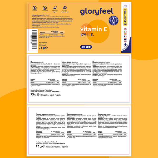 La etiqueta de la Vitamina E 179 UI de GloryFeel GmbH España muestra información nutricional, ingredientes e instrucciones de uso en varios idiomas sobre un fondo blanco amarillento. Enriquecida con antioxidantes y tocoferoles, ofrece beneficios óptimos para la salud en cada dosis.