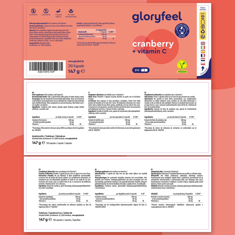 Etiqueta de Arándano Rojo + Vitamina C de Gloryfeel GmbH: Cápsulas veganas, 210 cápsulas, 147 g. Favorece la salud urinaria y refuerza el sistema inmunitario. Incluye información nutricional e ingredientes en alemán.