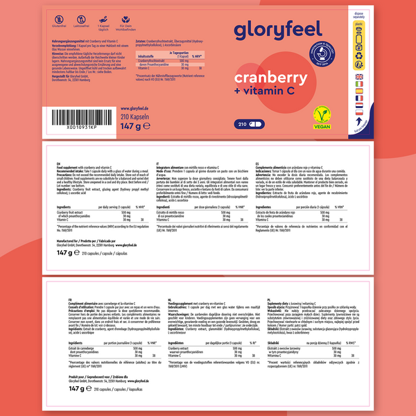 Etiqueta de Arándano Rojo + Vitamina C de Gloryfeel GmbH: Cápsulas veganas, 210 cápsulas, 147 g. Favorece la salud urinaria y refuerza el sistema inmunitario. Incluye información nutricional e ingredientes en alemán.