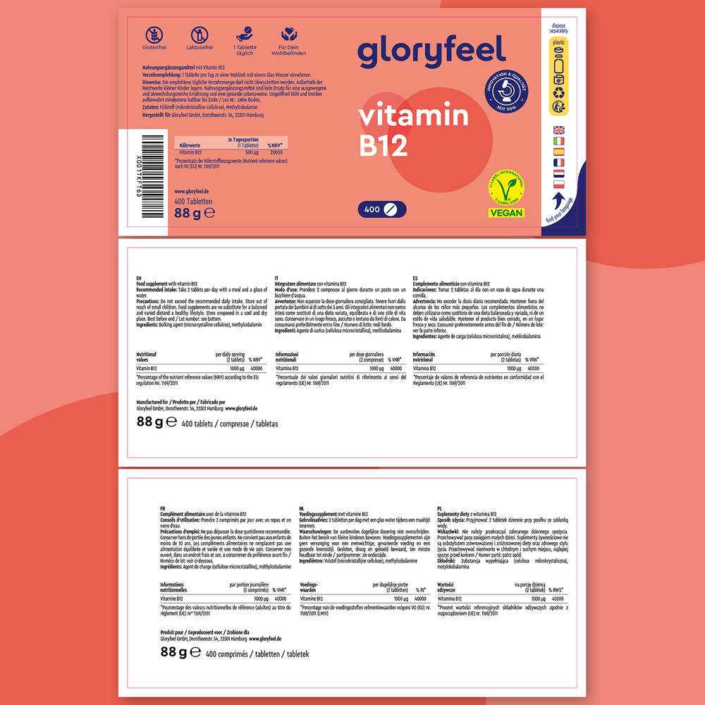 La Vitamina B12 Metilcobalamina de GloryFeel GmbH España incluye una etiqueta con detalles del producto, instrucciones de dosificación y logotipos de certificación en varios idiomas, junto con un icono vegano apto para vegetarianos y veganos.