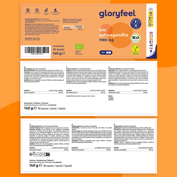 Etiqueta naranja y blanca para Ashwagandha ecológica en cápsulas de GloryFeel, destacando sus certificaciones orgánicas y veganas con ingredientes y dosis en varios idiomas, con raíces en el Ayurveda.