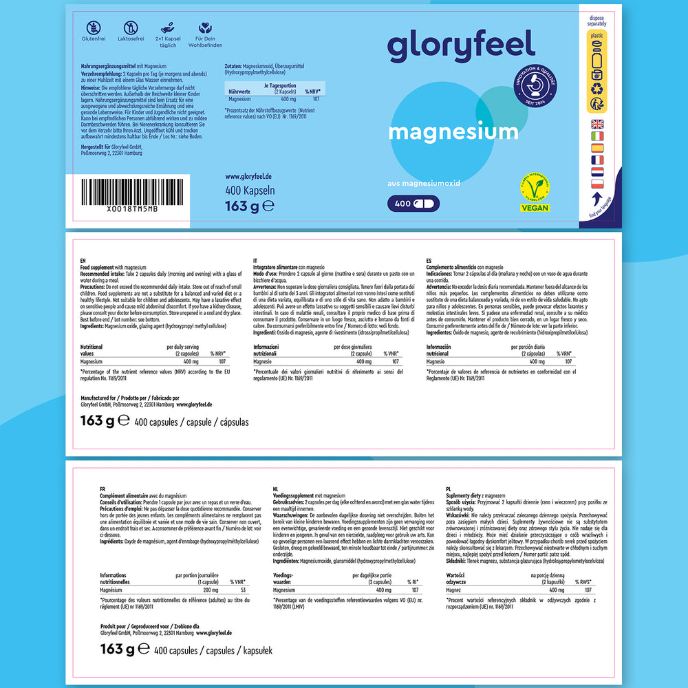 El envase de Magnesio en cápsulas de Gloryfeel GmbH presenta un vibrante diseño en azul y blanco con información nutricional, ingredientes y certificaciones. Destacando el óxido de magnesio como ingrediente principal, se centra en apoyar la salud ósea.