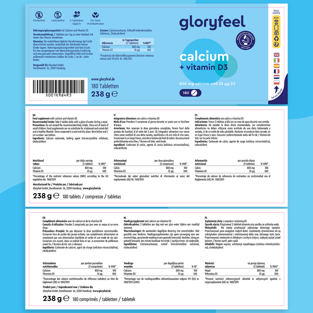 El suplemento de Calcio + Vitamina D3 de Gloryfeel GmbH presenta un envase con información nutricional, ingredientes y una marca destacada en la parte frontal. Disponible en tabletas de 180 comprimidos.