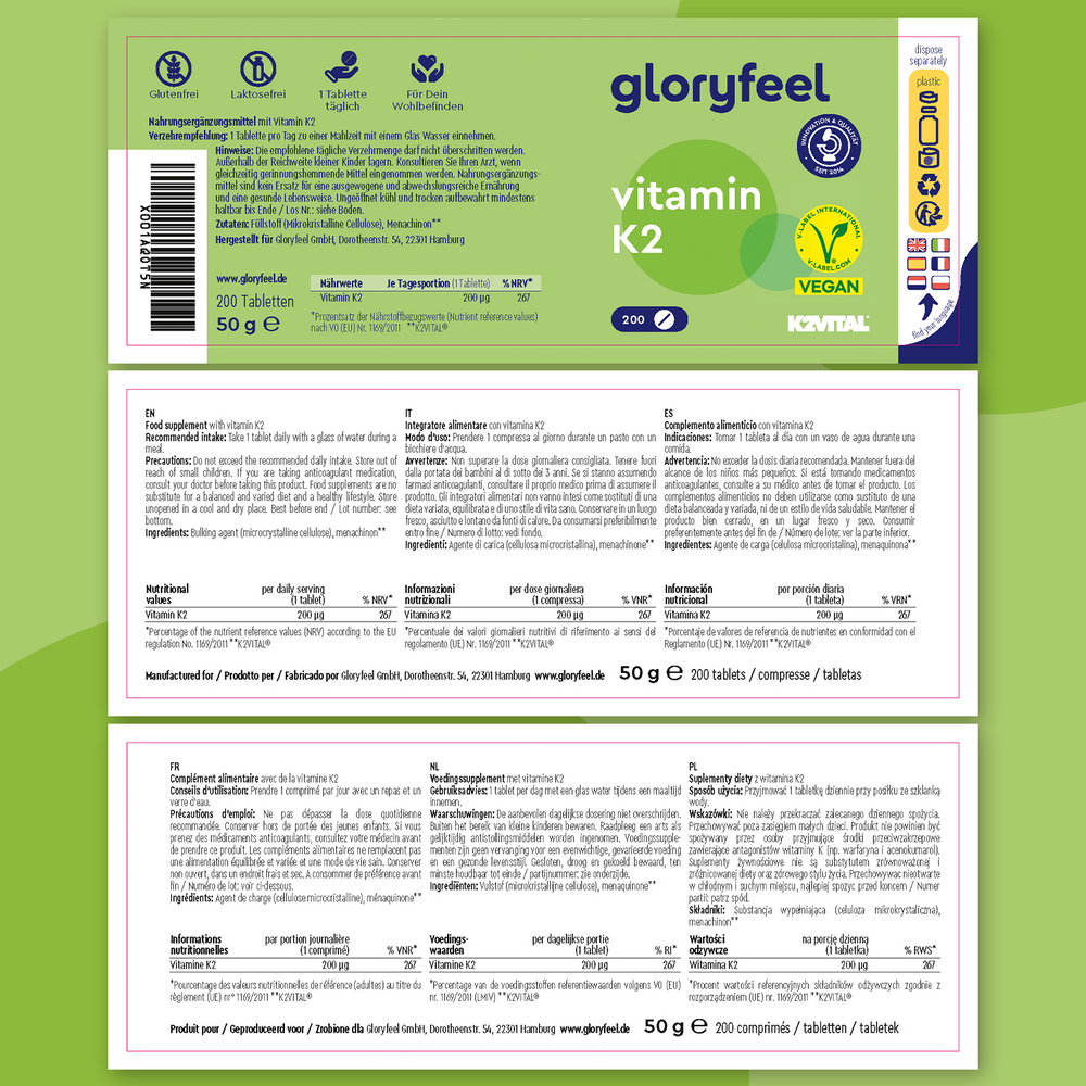 La vitamina K2 en tabletas de Gloryfeel GmbH, vegana y con 200 tabletas, contiene la fórmula K2VITAL. La información nutricional está disponible en varios idiomas para facilitar su acceso global.