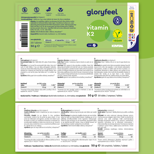 La vitamina K2 en tabletas de Gloryfeel GmbH, vegana y con 200 tabletas, contiene la fórmula K2VITAL. La información nutricional está disponible en varios idiomas para facilitar su acceso global.