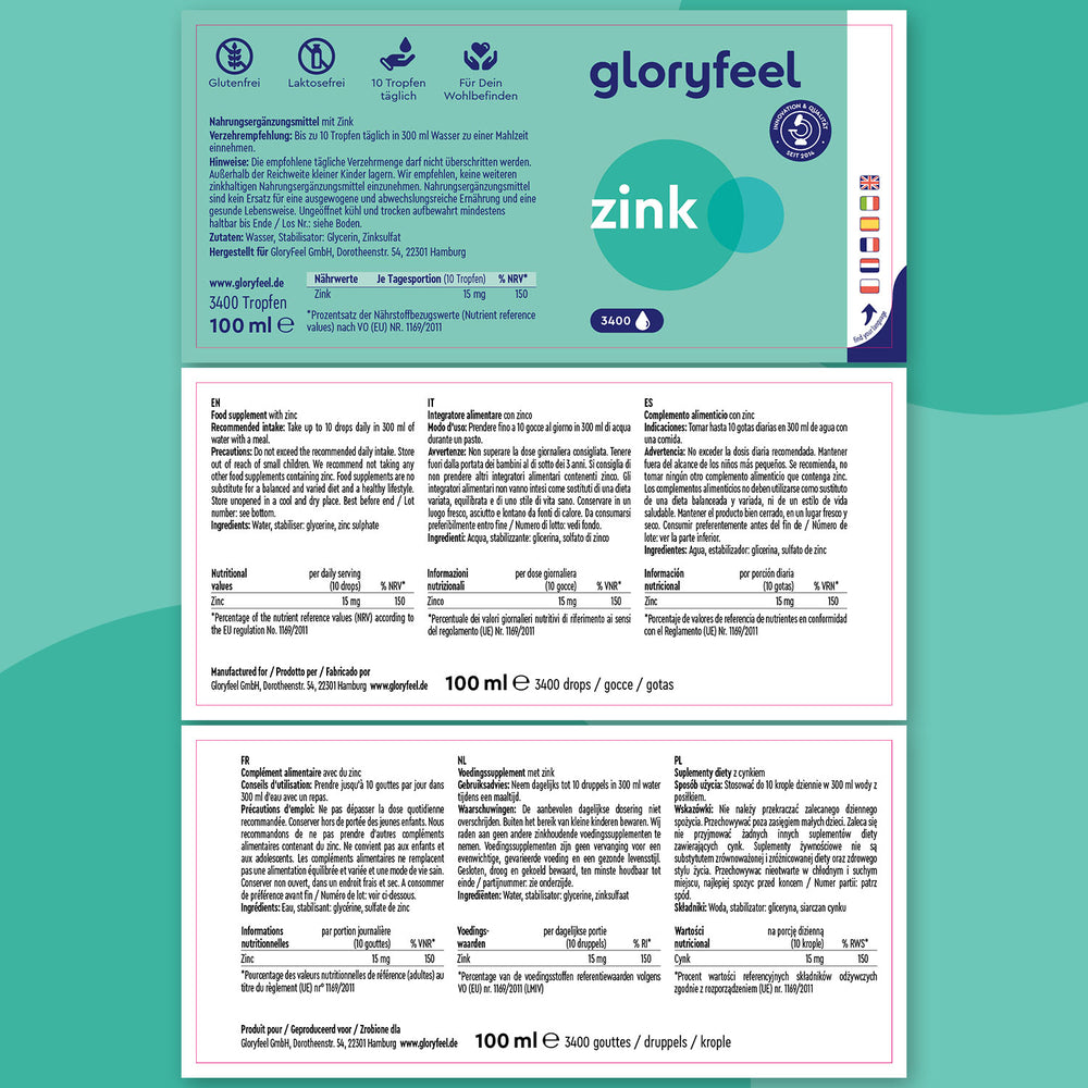 La etiqueta &quot;Zinc en gotas&quot; de GloryFeel GmbH España ofrece información nutricional detallada y pautas de uso en varios idiomas. Este frasco de 100 ml, con unas 3400 gotas, es esencial para incorporar el aporte de zinc a su régimen diario de suplementos de zinc.