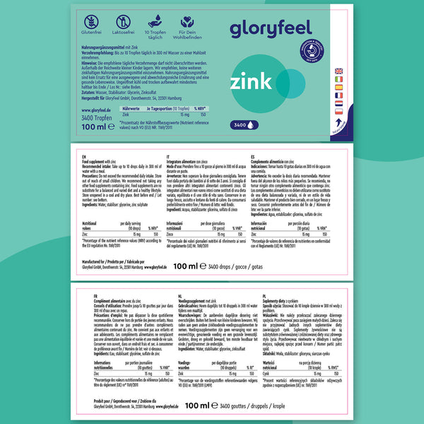 La etiqueta &quot;Zinc en gotas&quot; de GloryFeel GmbH España ofrece información nutricional detallada y pautas de uso en varios idiomas. Este frasco de 100 ml, con unas 3400 gotas, es esencial para incorporar el aporte de zinc a su régimen diario de suplementos de zinc.