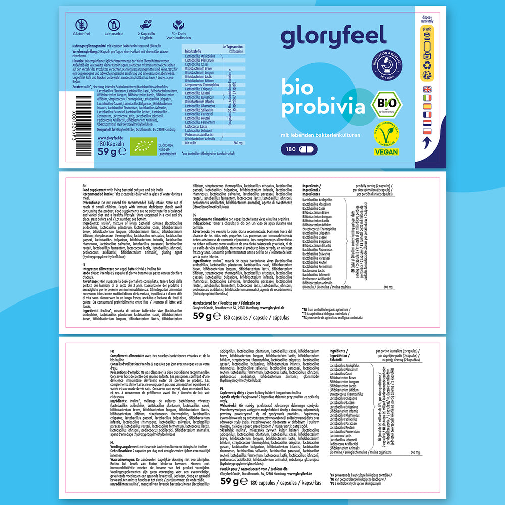 Probivia Bio 180 Cápsulas de GloryFeel GmbH España presenta dos etiquetas que destacan su rico contenido en probióticos, incluyendo información nutricional y certificaciones orgánicas y veganas. Las descripciones detalladas en varios idiomas se presentan sobre un fondo azul sereno.