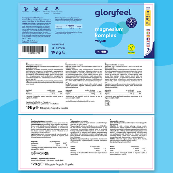 La etiqueta azul y blanca de las cápsulas veganas Gloryfeel GmbH Magnesio Complex presenta cinco formas de magnesio que ayudan a reducir el cansancio y la fatiga, con información sobre el producto, datos nutricionales, ingredientes y certificaciones en alemán.