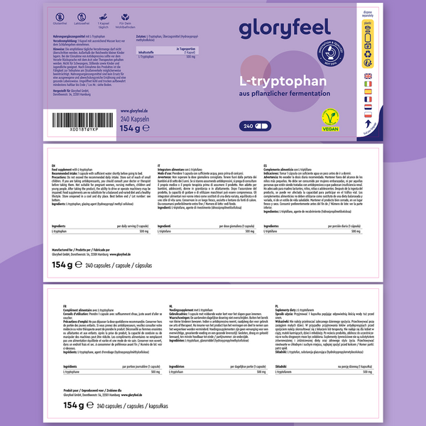 La etiqueta de L-Triptófano Cápsulas de GloryFeel GmbH España presenta 240 cápsulas y detalles sobre los beneficios del L-triptófano y la serotonina, un símbolo vegano, información nutricional e ingredientes en varios idiomas, sobre un fondo violeta relajante.