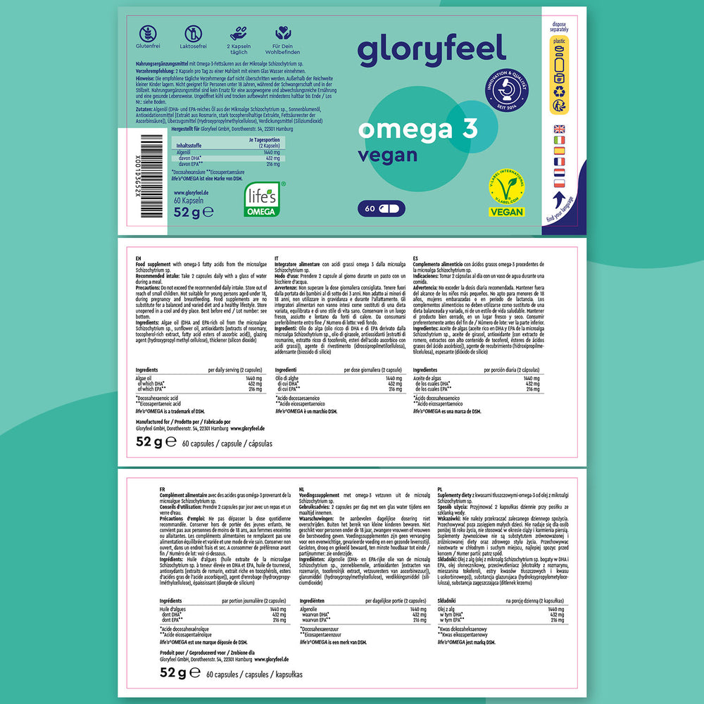 El Omega 3 Vegano en cápsulas de GloryFeel GmbH España destaca sus ingredientes, información nutricional y certificaciones en su envase. Luce con orgullo los distintivos de EPA y DHA, además de sus estándares veganos y ecológicos.