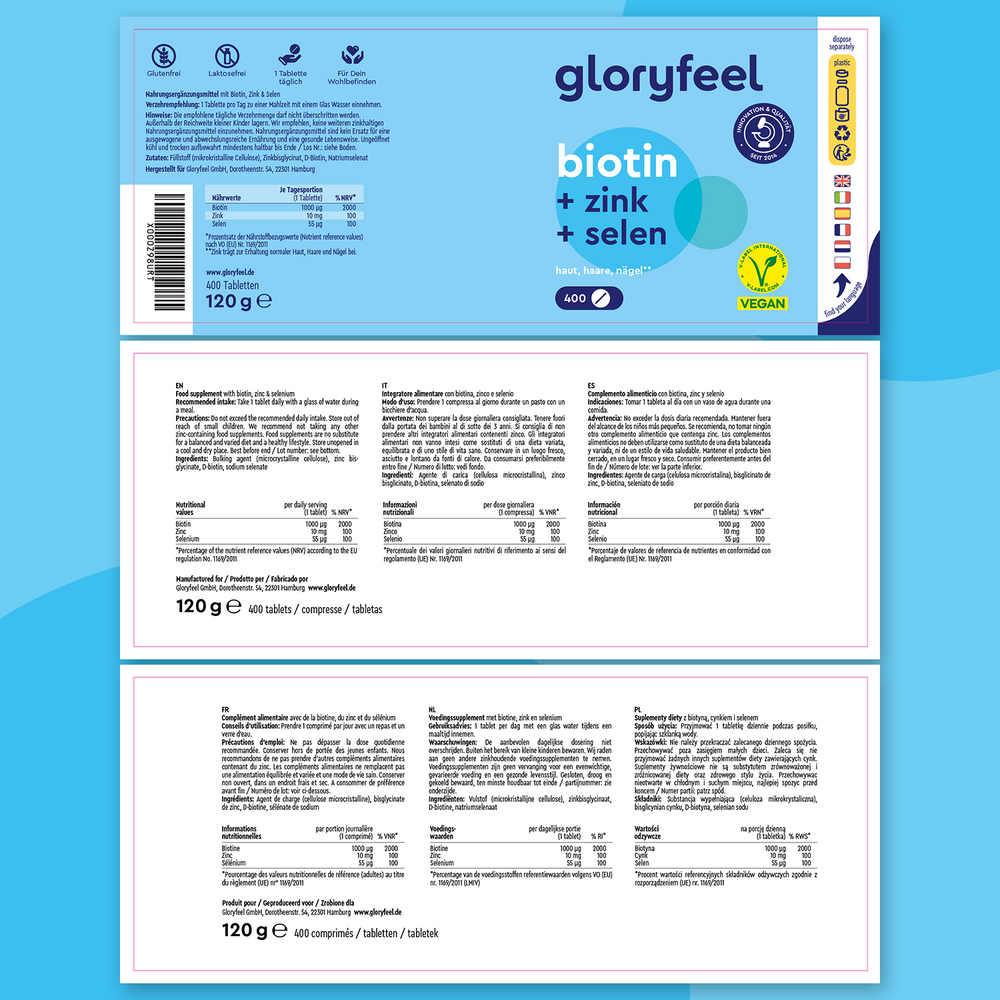 El envase de &quot;Biotina en tabletas&quot; de GloryFeel GmbH España destaca su papel en la salud capilar. Incluye logotipos de certificación vegana, información detallada del producto y una lista de ingredientes en varios idiomas, lo que demuestra su calidad como suplemento alimenticio.