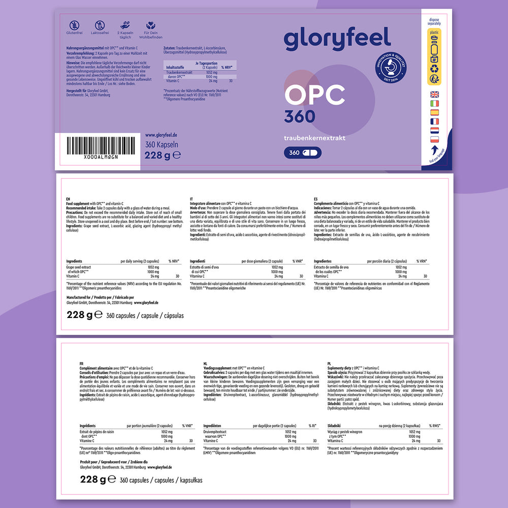 La etiqueta del extracto de semilla de uva OPC 360 cápsulas de Gloryfeel GmbH incluye detalles del producto, destacando las propiedades antioxidantes del extracto de semilla de uva, información nutricional, logotipos de certificación y un código de barras. El texto está en varios idiomas sobre un fondo morado.
