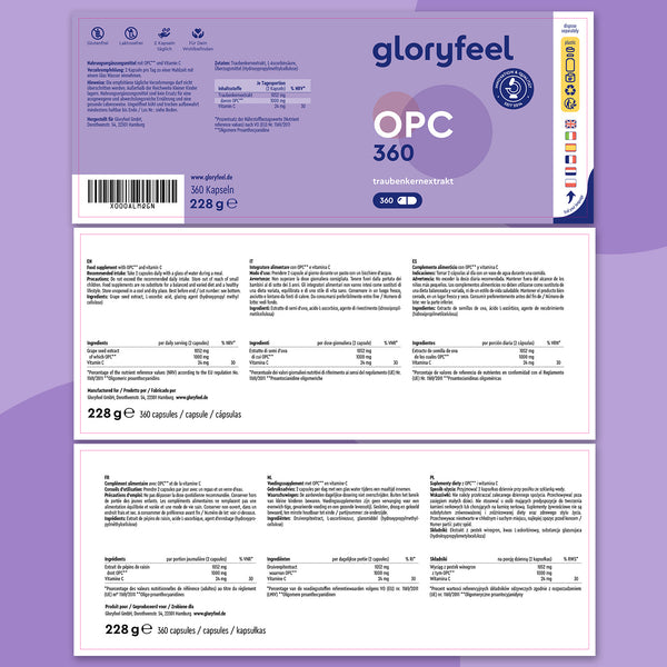 La etiqueta del extracto de semilla de uva OPC 360 cápsulas de Gloryfeel GmbH incluye detalles del producto, destacando las propiedades antioxidantes del extracto de semilla de uva, información nutricional, logotipos de certificación y un código de barras. El texto está en varios idiomas sobre un fondo morado.
