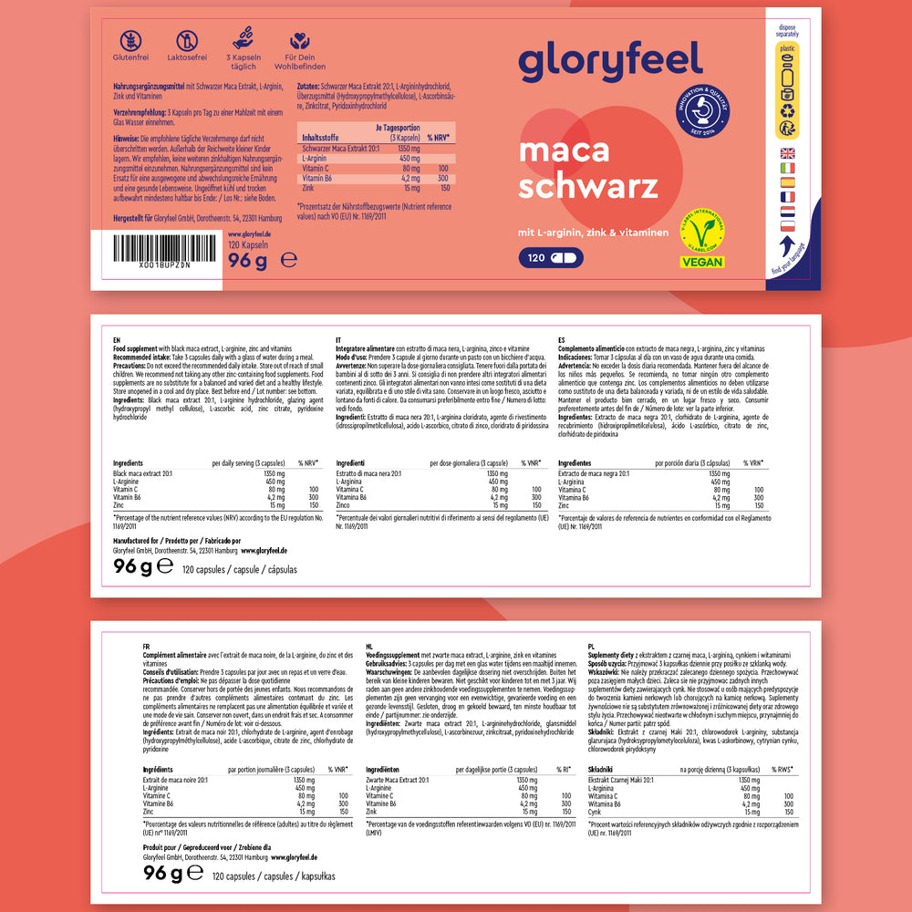 El envase de &quot;Maca Negra + L-Arginina&quot; de GloryFeel GmbH España incluye una etiqueta vegana, información nutricional y una lista de ingredientes que destaca la Maca Negra. Cada envase contiene 120 cápsulas, lo que garantiza la calidad en cada dosis.