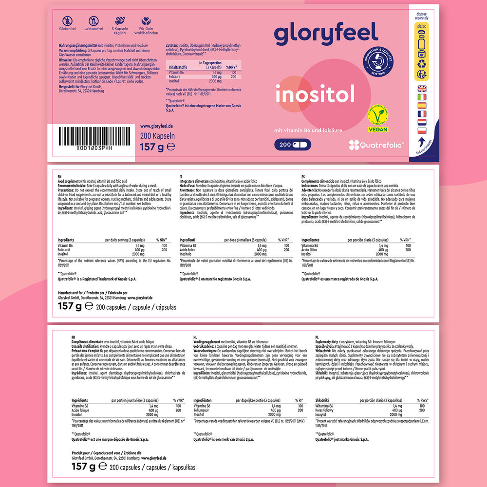 Envase para cápsulas de inositol de Gloryfeel GmbH sobre fondo rosa, con información nutricional y etiquetas de certificación vegana. Enriquecido con vitamina B6, pesa 157 g y contiene 200 cápsulas.
