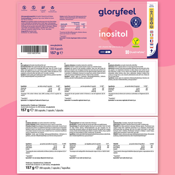 Envase para cápsulas de inositol de Gloryfeel GmbH sobre fondo rosa, con información nutricional y etiquetas de certificación vegana. Enriquecido con vitamina B6, pesa 157 g y contiene 200 cápsulas.