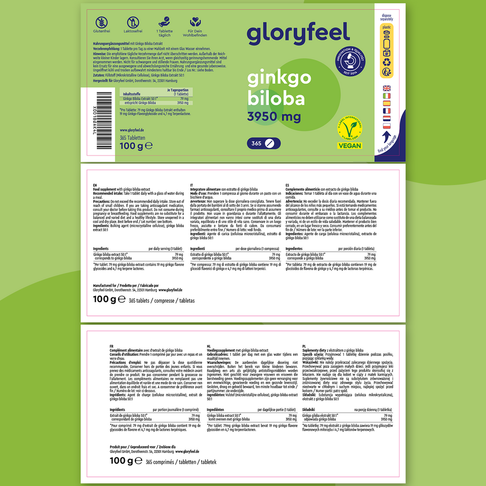 Etiqueta para los comprimidos de Ginkgo Biloba de GloryFeel GmbH España: Incluye detalles de dosis y nutrición, derivados del antiguo &quot;árbol de la vida&quot; de la medicina tradicional china, marcados como veganos.