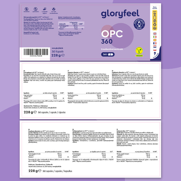 Etiqueta del producto Gloryfeel GmbH OPC Extracto de semilla de uva 360 cápsulas, rico en polifenoles y antioxidantes. Incluye información nutricional, ingredientes, certificaciones, instrucciones de uso y símbolo vegano en alemán.