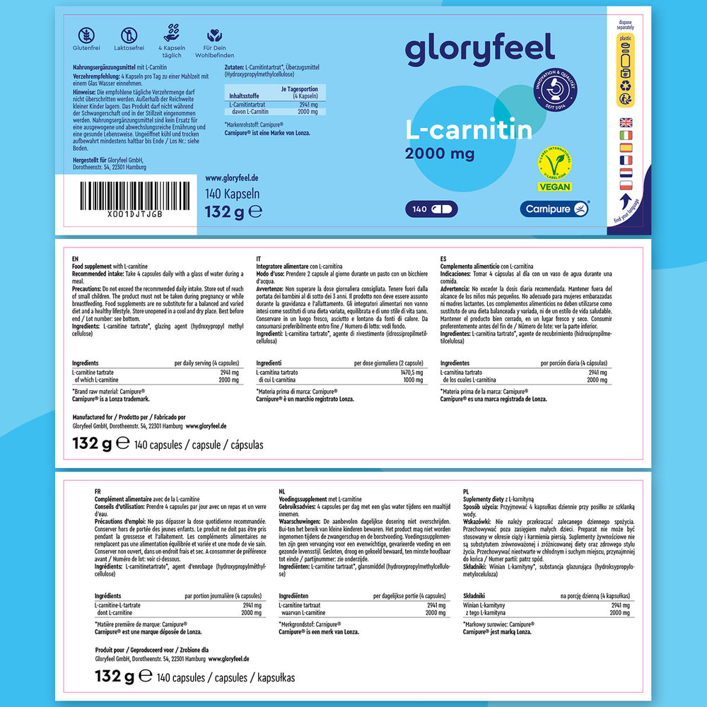 La L-Carnitina 2000 mg de Gloryfeel GmbH se presenta en un envase azul y blanco con el logotipo de Carnipure by Lonza, lo que garantiza ingredientes de alta calidad. Contiene 140 cápsulas veganas y el envase ofrece información multilingüe sobre los ingredientes, la dosis y los datos del fabricante.