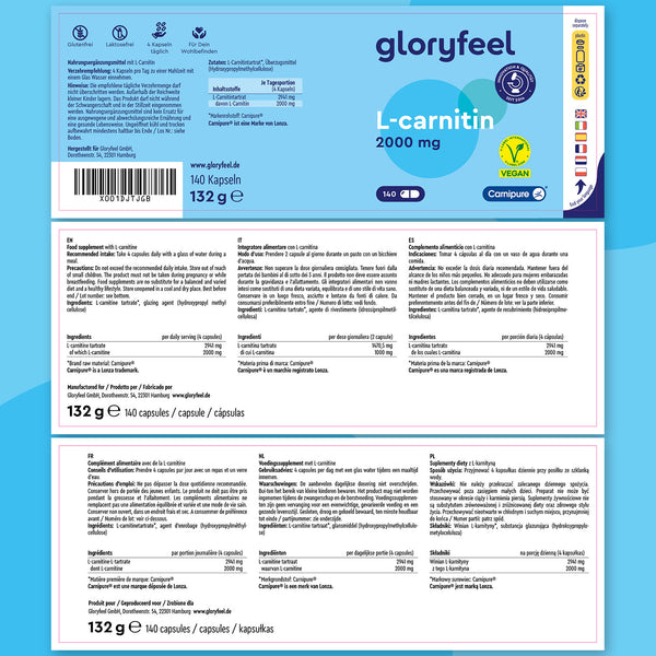 La L-Carnitina 2000 mg de Gloryfeel GmbH se presenta en un envase azul y blanco con el logotipo de Carnipure by Lonza, lo que garantiza ingredientes de alta calidad. Contiene 140 cápsulas veganas y el envase ofrece información multilingüe sobre los ingredientes, la dosis y los datos del fabricante.