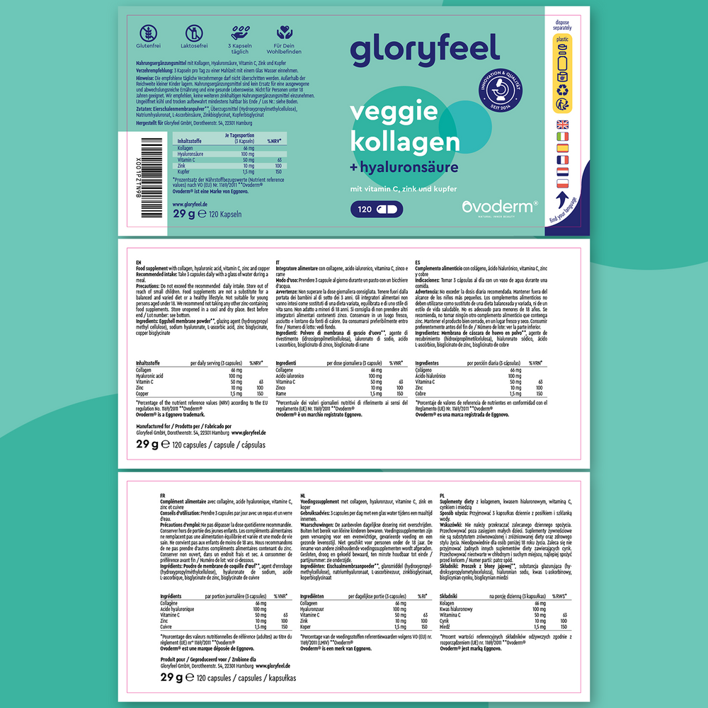 El envase de las cápsulas Colágeno vegetariano de gloryfeel GmbH muestra los ingredientes clave y la información nutricional en varios idiomas, incluidos alemán y francés, destacando los ingredientes de alta calidad para una experiencia superior.