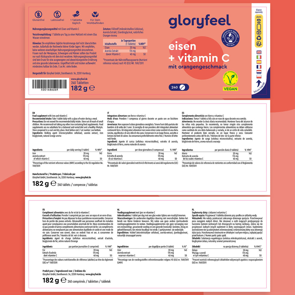 Los comprimidos naturales Hierro + Vitamina C de GloryFeel GmbH España se presentan en un vibrante envase naranja con texto multilingüe. La etiqueta destaca la información nutricional, la certificación vegana y los describe como complementos alimenticios esenciales. Peso total: 182 g (240 comprimidos).