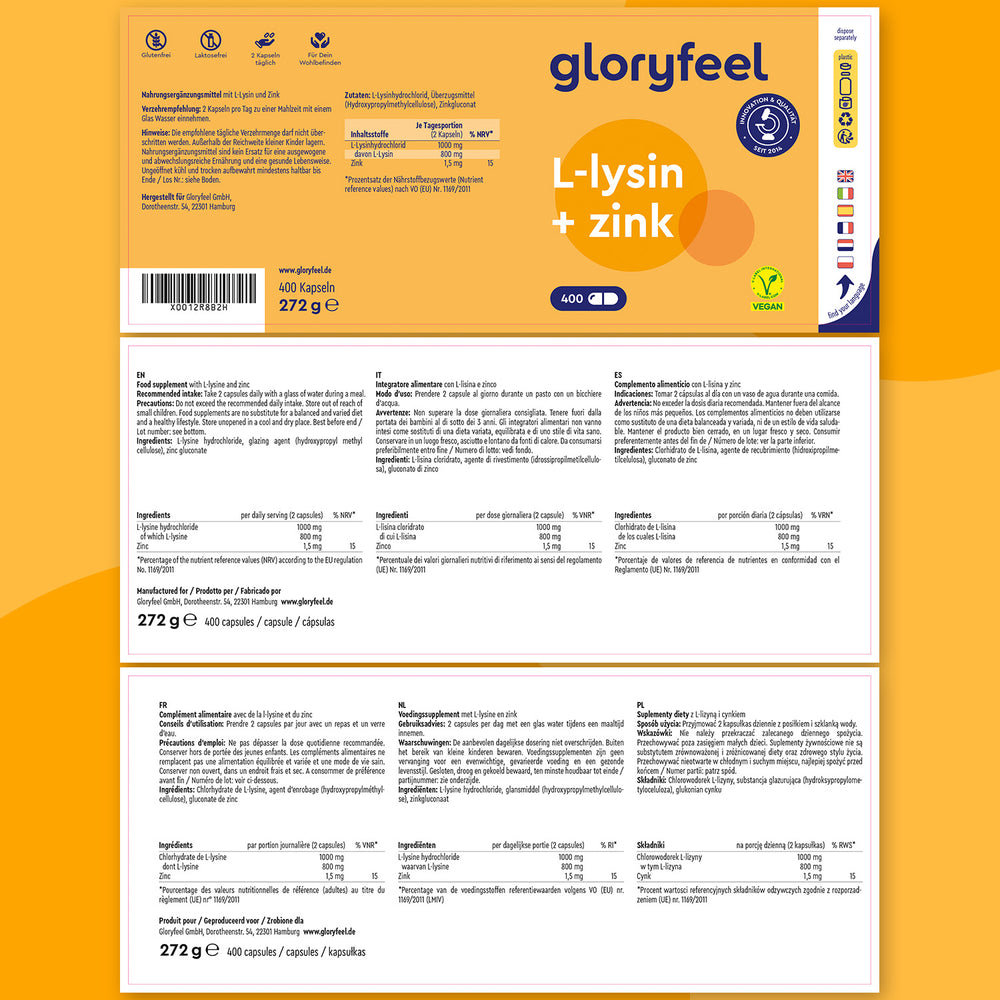 El empaque de L-Lisina con zinc de Gloryfeel GmbH resalta los detalles del producto, la información nutricional y los iconos de estándares de calidad para apoyar su sistema inmunológico.