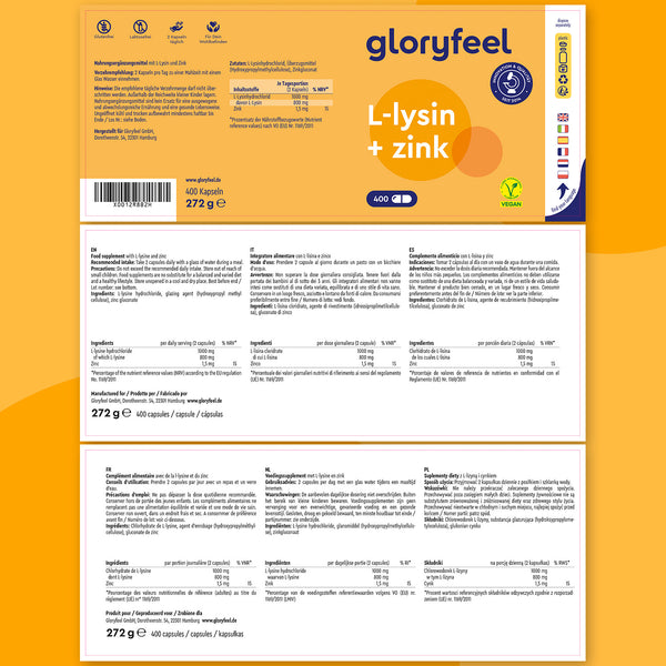 El empaque de L-Lisina con zinc de Gloryfeel GmbH resalta los detalles del producto, la información nutricional y los iconos de estándares de calidad para apoyar su sistema inmunológico.